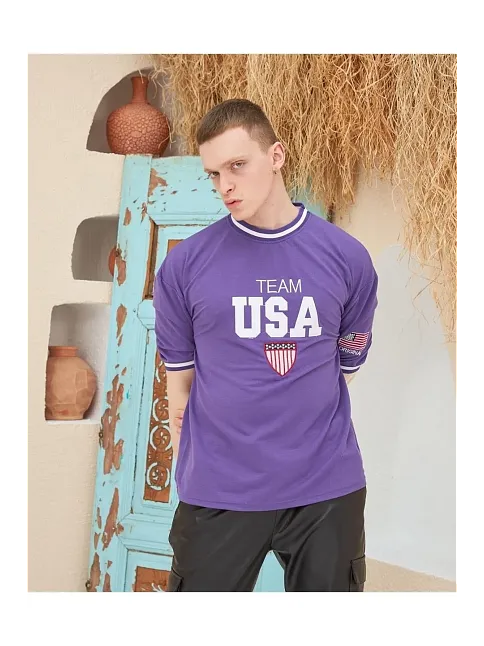 Erkek Bisiklet Yaka Tişört Nakış İşlemeli Kısa Kol Oversize T-shirt - Mor