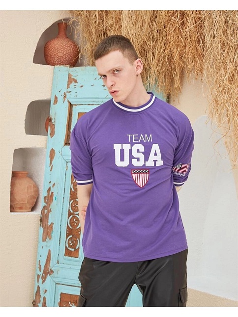 Erkek Bisiklet Yaka Tişört Nakış İşlemeli Kısa Kol Oversize T-shirt - Mor