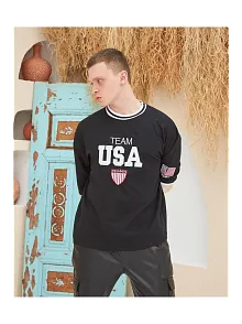 Erkek Bisiklet Yaka Tişört Nakış İşlemeli Kısa Kol Oversize T-shirtsiyah