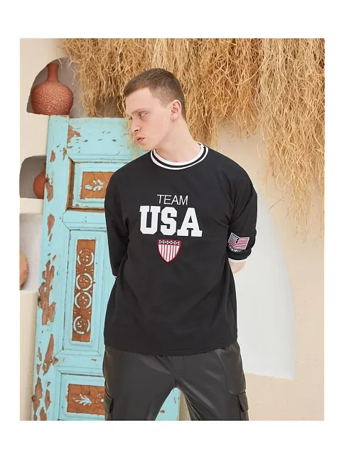 Erkek Bisiklet Yaka Tişört Nakış İşlemeli Kısa Kol Oversize T-shirtsiyah