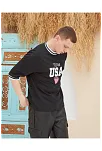 Erkek Bisiklet Yaka Tişört Nakış İşlemeli Kısa Kol Oversize T-shirtsiyah