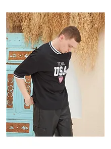 Erkek Bisiklet Yaka Tişört Nakış İşlemeli Kısa Kol Oversize T-shirtsiyah