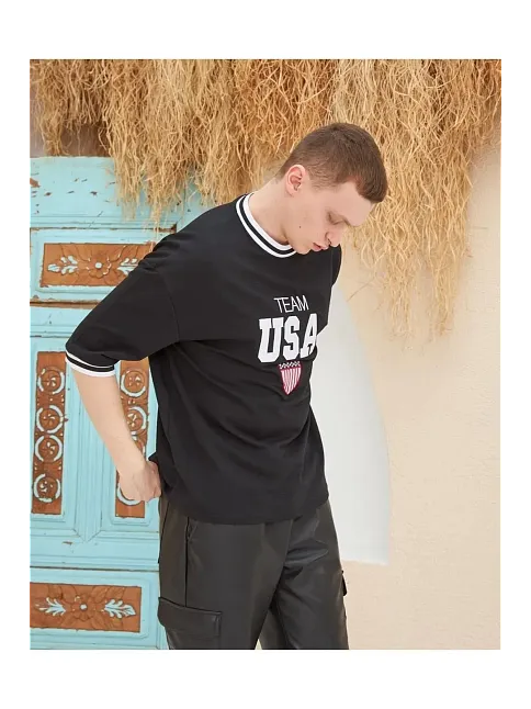 Erkek Bisiklet Yaka Tişört Nakış İşlemeli Kısa Kol Oversize T-shirtsiyah