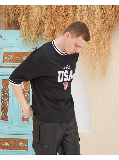 Erkek Bisiklet Yaka Tişört Nakış İşlemeli Kısa Kol Oversize T-shirtsiyah