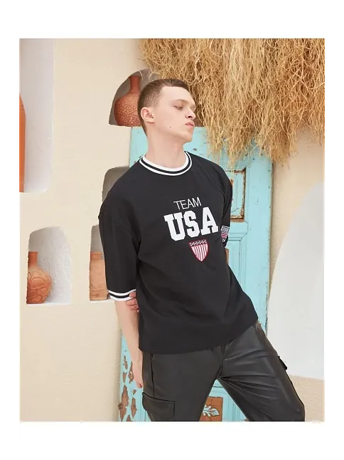 Erkek Bisiklet Yaka Tişört Nakış İşlemeli Kısa Kol Oversize T-shirtsiyah