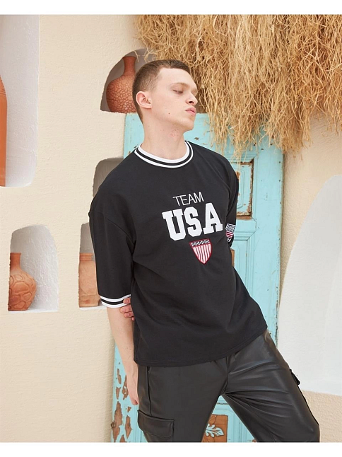 Erkek Bisiklet Yaka Tişört Nakış İşlemeli Kısa Kol Oversize T-shirtsiyah