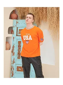 Erkek Bisiklet Yaka Tişört Nakış İşlemeli Kısa Kol Oversize T-shirt - Turuncu
