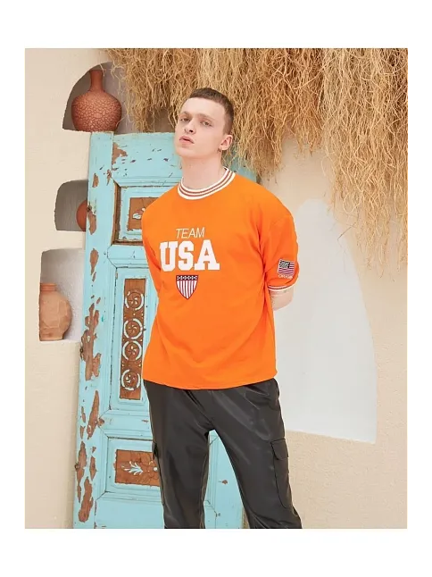 Erkek Bisiklet Yaka Tişört Nakış İşlemeli Kısa Kol Oversize T-shirt - Turuncu