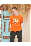 Erkek Bisiklet Yaka Tişört Nakış İşlemeli Kısa Kol Oversize T-shirt - Turuncu