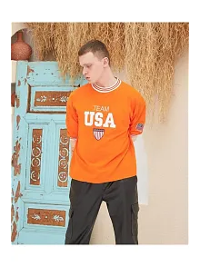 Erkek Bisiklet Yaka Tişört Nakış İşlemeli Kısa Kol Oversize T-shirt - Turuncu