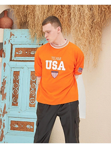 Erkek Bisiklet Yaka Tişört Nakış İşlemeli Kısa Kol Oversize T-shirt - Turuncu