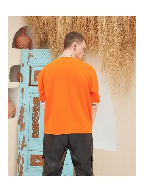 Erkek Bisiklet Yaka Tişört Nakış İşlemeli Kısa Kol Oversize T-shirt - Turuncu