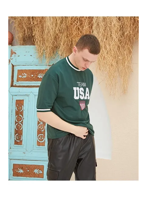 Erkek Bisiklet Yaka Tişört Nakış İşlemeli Kısa Kol Oversize T-shirt - Yeşil