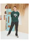 Erkek Bisiklet Yaka Tişört Nakış İşlemeli Kısa Kol Oversize T-shirt - Yeşil