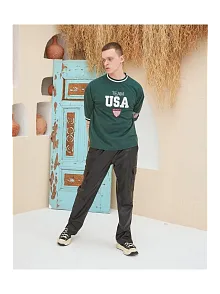 Erkek Bisiklet Yaka Tişört Nakış İşlemeli Kısa Kol Oversize T-shirt - Yeşil