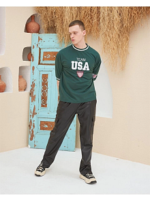 Erkek Bisiklet Yaka Tişört Nakış İşlemeli Kısa Kol Oversize T-shirt - Yeşil
