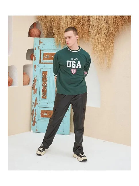 Erkek Bisiklet Yaka Tişört Nakış İşlemeli Kısa Kol Oversize T-shirt - Yeşil
