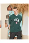 Erkek Bisiklet Yaka Tişört Nakış İşlemeli Kısa Kol Oversize T-shirt - Yeşil