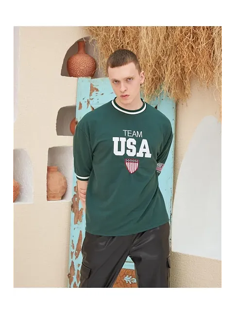 Erkek Bisiklet Yaka Tişört Nakış İşlemeli Kısa Kol Oversize T-shirt - Yeşil