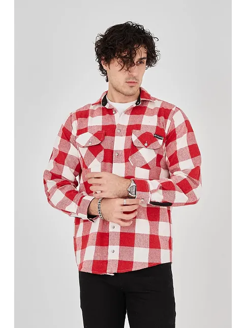 Erkek Oduncu Gömlek Uzun Kollu Şardonlu Kareli Desen Regular Fit Manşetli Çift - Pembe