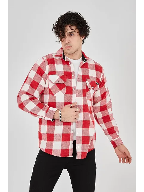 Erkek Oduncu Gömlek Uzun Kollu Şardonlu Kareli Desen Regular Fit Manşetli Çift - Pembe