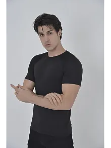 Erkek Omuz Fileli T-shirt Kısa Kol Bisiklet Yaka Slimfit Tişört   - Siyah