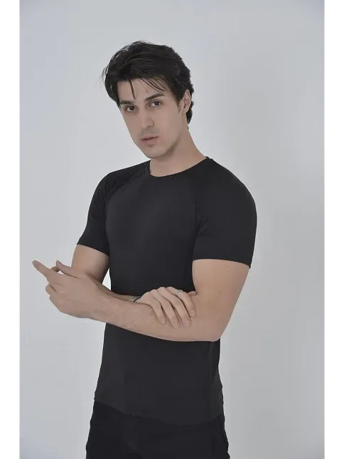 Erkek Omuz Fileli T-shirt Kısa Kol Bisiklet Yaka Slimfit Tişört   - Siyah