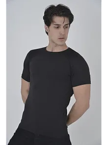 Erkek Omuz Fileli T-shirt Kısa Kol Bisiklet Yaka Slimfit Tişört   - Siyah