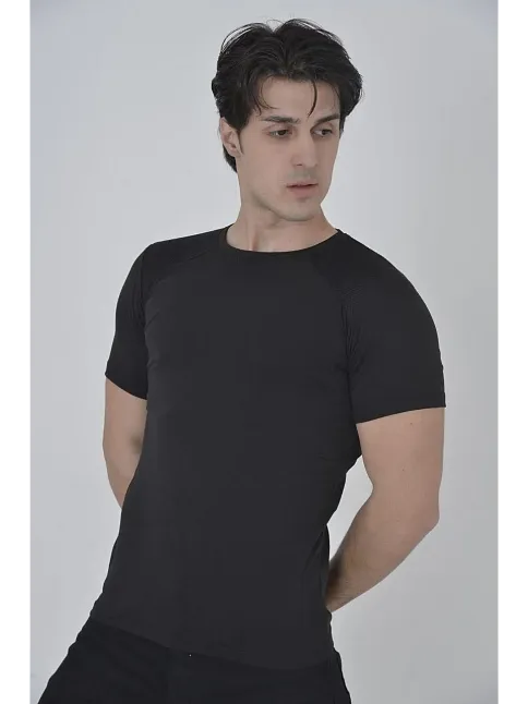 Erkek Omuz Fileli T-shirt Kısa Kol Bisiklet Yaka Slimfit Tişört   - Siyah