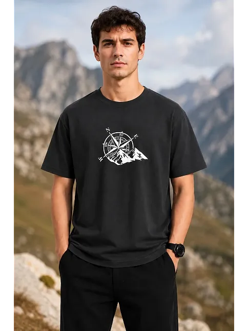 Erkek Outdoor Pusula Dağ Baskılı Kısa Kollu Oversize T-shirt - Siyah