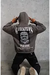 Erkek 3 İplik Pamuklu Baskılı Kapüşonlu Cepli Sweatshirt Hoodie - Gri