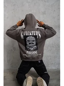 Erkek 3 İplik Pamuklu Baskılı Kapüşonlu Cepli Sweatshirt Hoodie - Gri