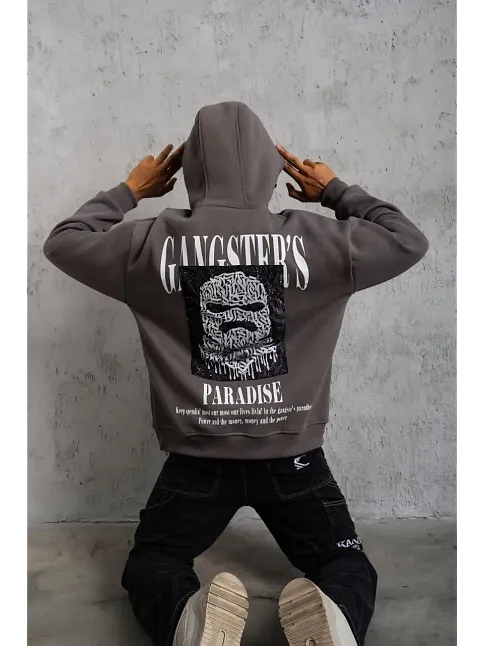 Erkek 3 İplik Pamuklu Baskılı Kapüşonlu Cepli Sweatshirt Hoodie - Gri