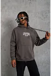 Erkek 3 İplik Pamuklu Baskılı Kapüşonlu Cepli Sweatshirt Hoodie - Gri