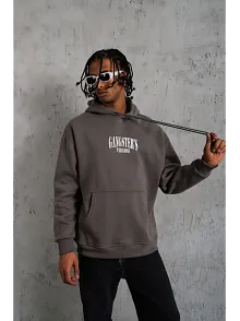 Erkek 3 İplik Pamuklu Baskılı Kapüşonlu Cepli Sweatshirt Hoodie - Gri