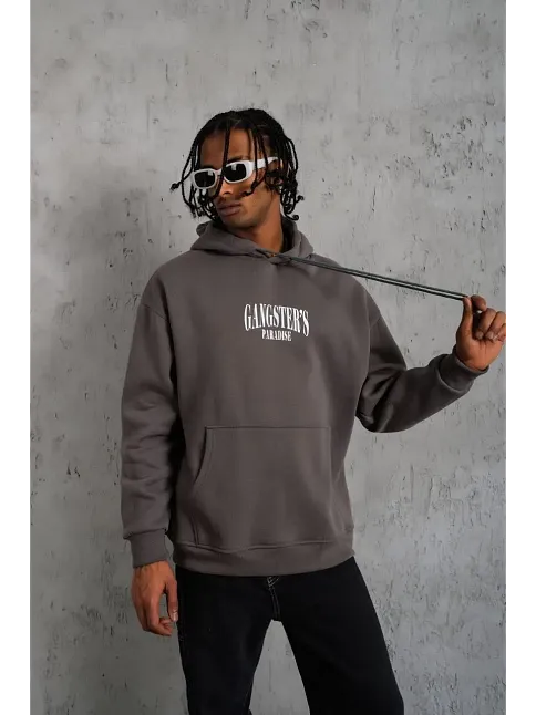 Erkek 3 İplik Pamuklu Baskılı Kapüşonlu Cepli Sweatshirt Hoodie - Gri