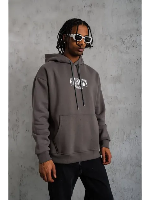 Erkek 3 İplik Pamuklu Baskılı Kapüşonlu Cepli Sweatshirt Hoodie - Gri