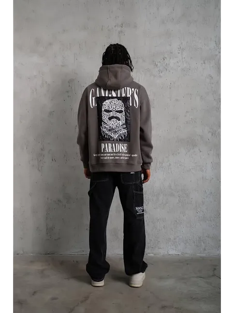 Erkek 3 İplik Pamuklu Baskılı Kapüşonlu Cepli Sweatshirt Hoodie - Gri