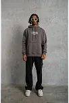 Erkek 3 İplik Pamuklu Baskılı Kapüşonlu Cepli Sweatshirt Hoodie - Gri