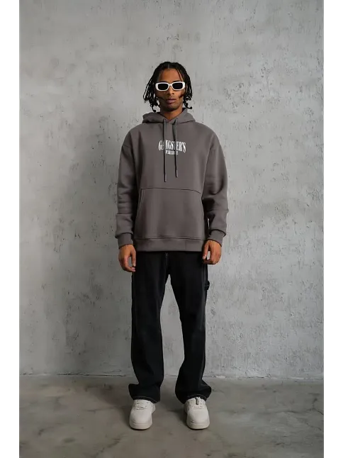 Erkek 3 İplik Pamuklu Baskılı Kapüşonlu Cepli Sweatshirt Hoodie - Gri