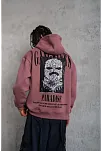 Erkek 3 İplik Pamuklu Kapüşonlu Baskılı Cepli Oversize Sweatshirt Hoodie - Gül Kurusu