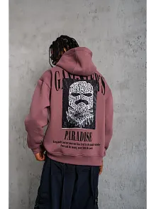 Erkek 3 İplik Pamuklu Kapüşonlu Baskılı Cepli Oversize Sweatshirt Hoodie - Gül Kurusu