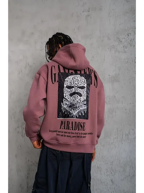 Erkek 3 İplik Pamuklu Kapüşonlu Baskılı Cepli Oversize Sweatshirt Hoodie - Gül Kurusu