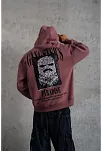 Erkek 3 İplik Pamuklu Kapüşonlu Baskılı Cepli Oversize Sweatshirt Hoodie - Gül Kurusu