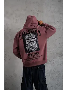 Erkek 3 İplik Pamuklu Kapüşonlu Baskılı Cepli Oversize Sweatshirt Hoodie - Gül Kurusu