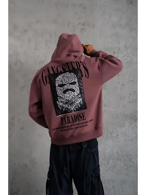 Erkek 3 İplik Pamuklu Kapüşonlu Baskılı Cepli Oversize Sweatshirt Hoodie - Gül Kurusu