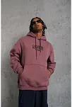 Erkek 3 İplik Pamuklu Kapüşonlu Baskılı Cepli Oversize Sweatshirt Hoodie - Gül Kurusu