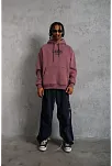 Erkek 3 İplik Pamuklu Kapüşonlu Baskılı Cepli Oversize Sweatshirt Hoodie - Gül Kurusu