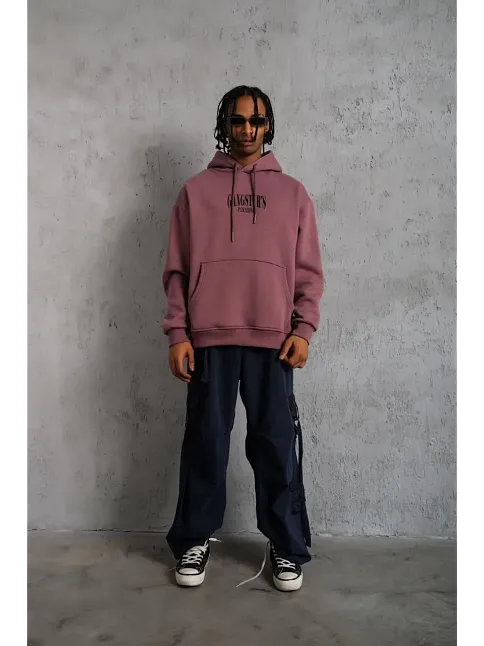 Erkek 3 İplik Pamuklu Kapüşonlu Baskılı Cepli Oversize Sweatshirt Hoodie - Gül Kurusu