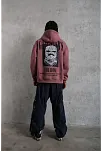 Erkek 3 İplik Pamuklu Kapüşonlu Baskılı Cepli Oversize Sweatshirt Hoodie - Gül Kurusu